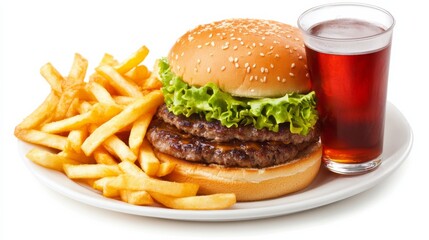 Classic American Burger and Fries on White Plate