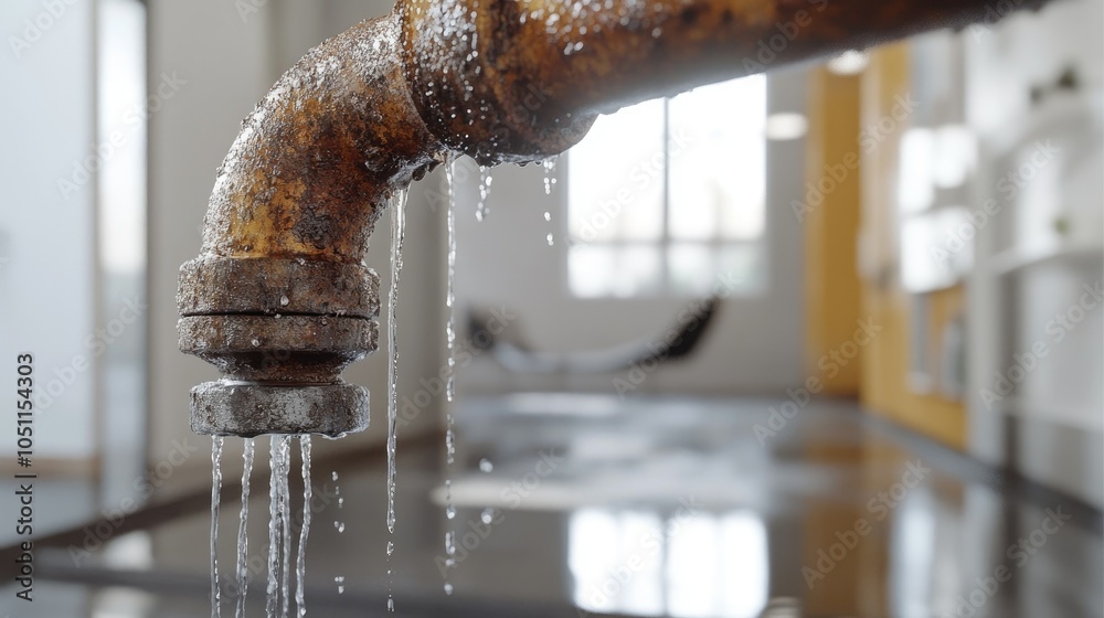 Poster Rusty pipe joint in a modern apartment with water dripping from a minor leak, close-up view to show droplets falling.