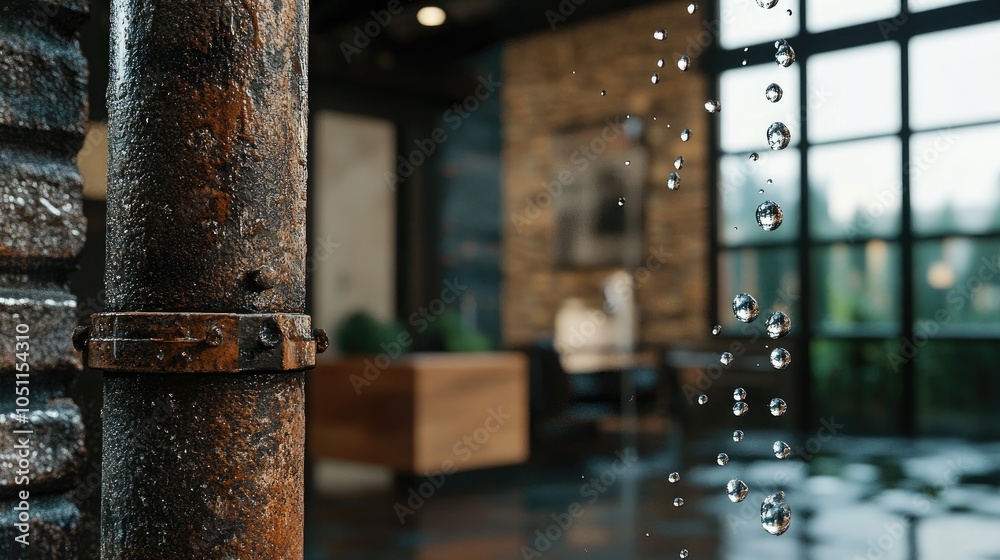 Poster rusty pipe joint in a modern apartment with water dripping from a minor leak, close-up view to show 