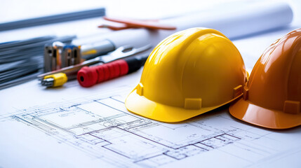 Close up of construction blueprints with yellow hard hats and tools, showcasing planning and preparation involved in building projects