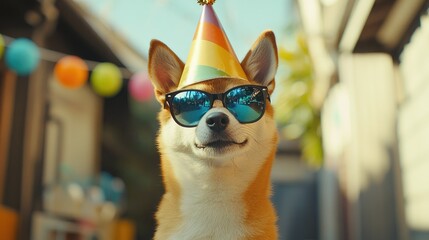 Shiba Inu in a colorful party hat and cool sunglasses, cheerful look, celebrating in style, outdoor setting