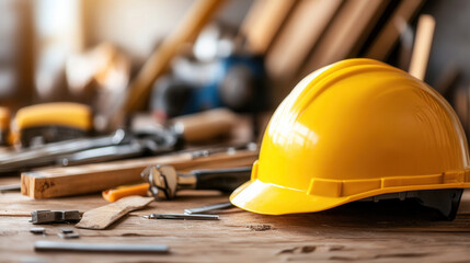 close up view of yellow hard hat resting on wooden surface surrounded by various construction tools, symbolizing safety and readiness in construction environment