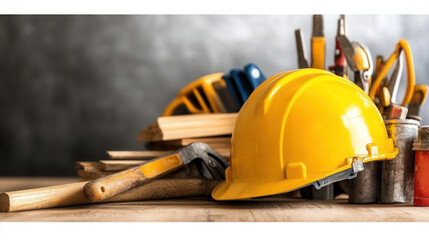 close up view of construction site setup featuring yellow hard hat, various tools, and wooden planks, conveying sense of readiness and safety in building environment