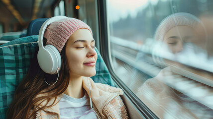 Happy teen passenger listening to the music traveling in a train and looking through the window