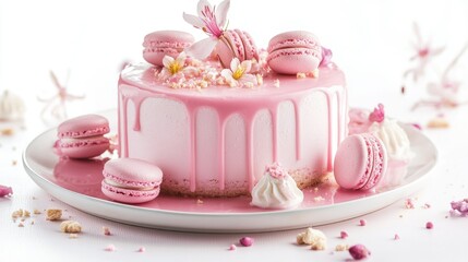 Sweet sponge cake in pink glaze with macarons and meringues, perfect for a princess
