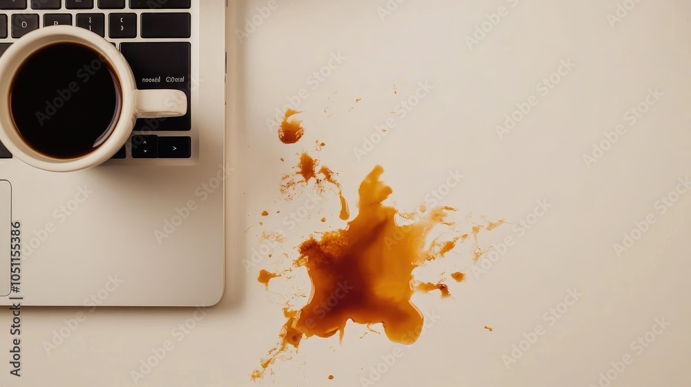 Aufkleber top-down view of spilled coffee on a laptop with copy space and a coffee stain on the table.