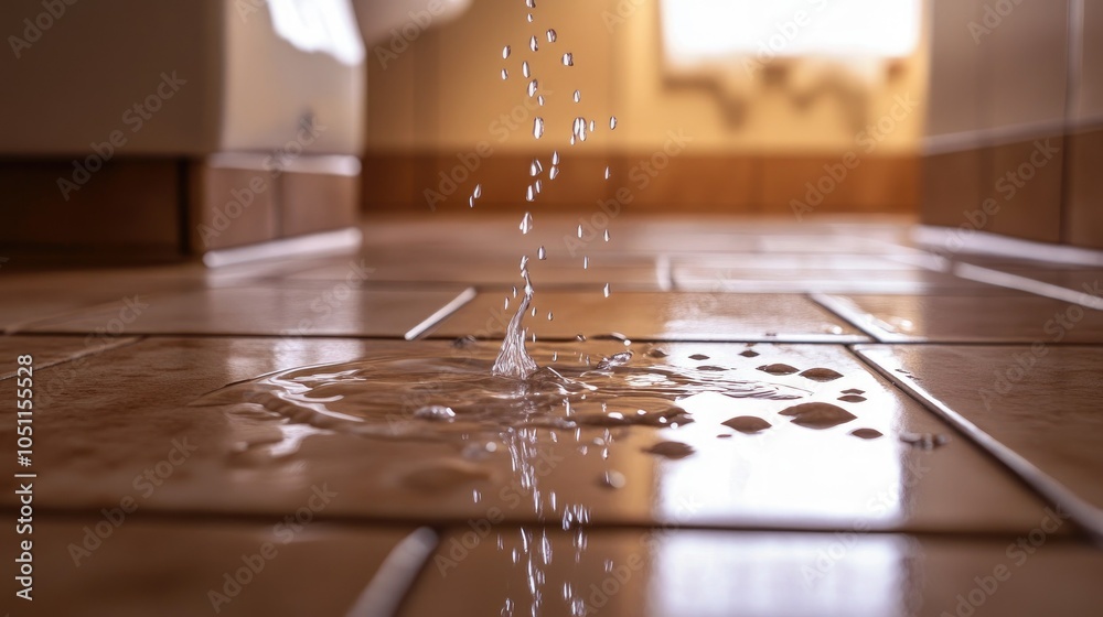 Poster water droplets falling from a leaking pipe joint onto a tiled floor in an apartment bathroom.