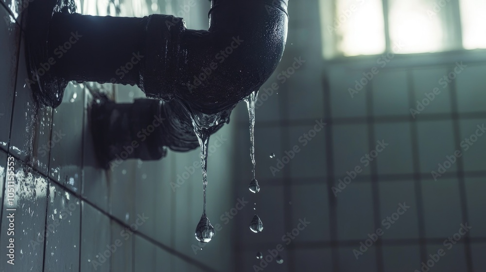 Poster water slowly drips from a leaky pipe joint in a residential bathroom, with a focus on the droplets f
