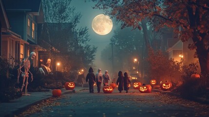 Trick or Treaters on a Foggy Halloween Night