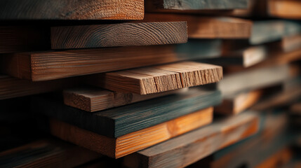 Close up of stack of wooden planks showcasing various textures and colors, highlighting natural beauty of wood in construction setting