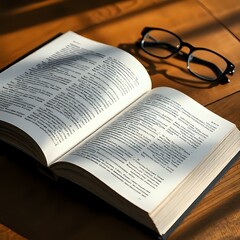 Fototapeta premium Open Book with Glasses on Wooden Table