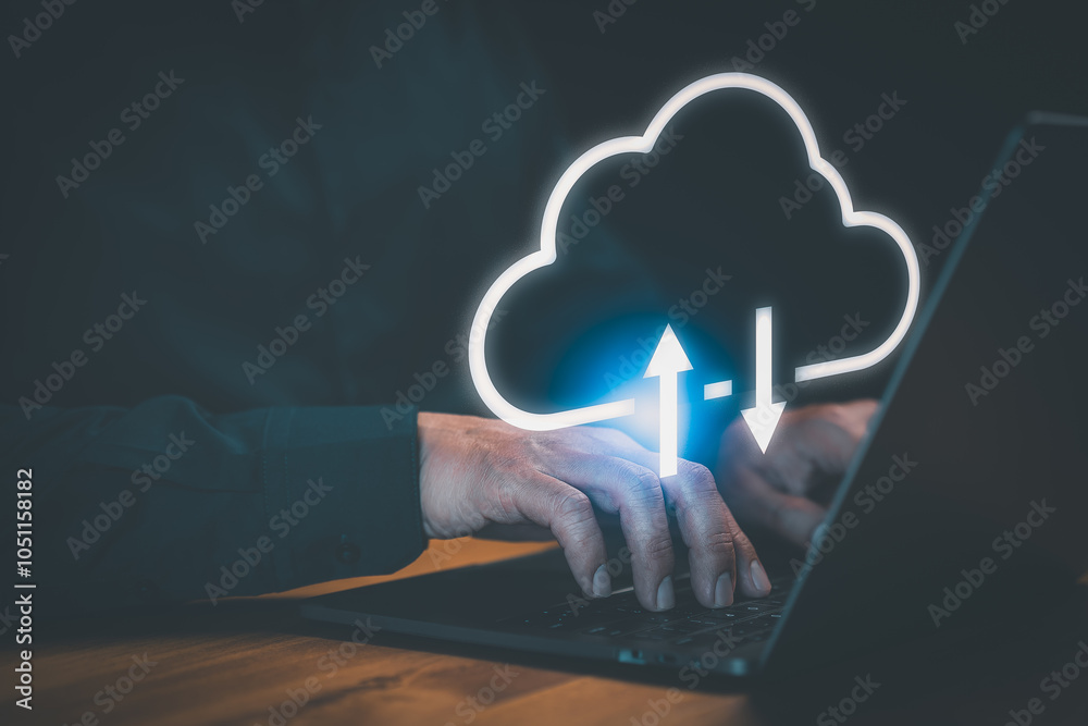 Poster Person use a laptop with cloud computing diagram. Business concept of big data analytics and business intelligence, data storage and transfer, networking and internet service and startup technology.