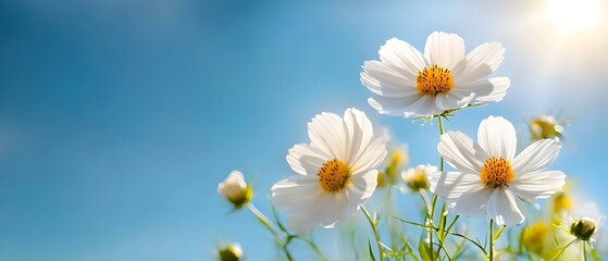Fototapeta premium Stunning cosmos flowers in full bloom their vibrant petals standing out against a clear bright blue sky on a serene sunny day A beautiful natural scene of lush