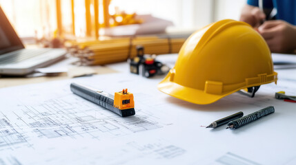 Construction site tools and plans are displayed on table, featuring yellow hard hat, pen, and measuring tool, symbolizing planning and execution of building projects