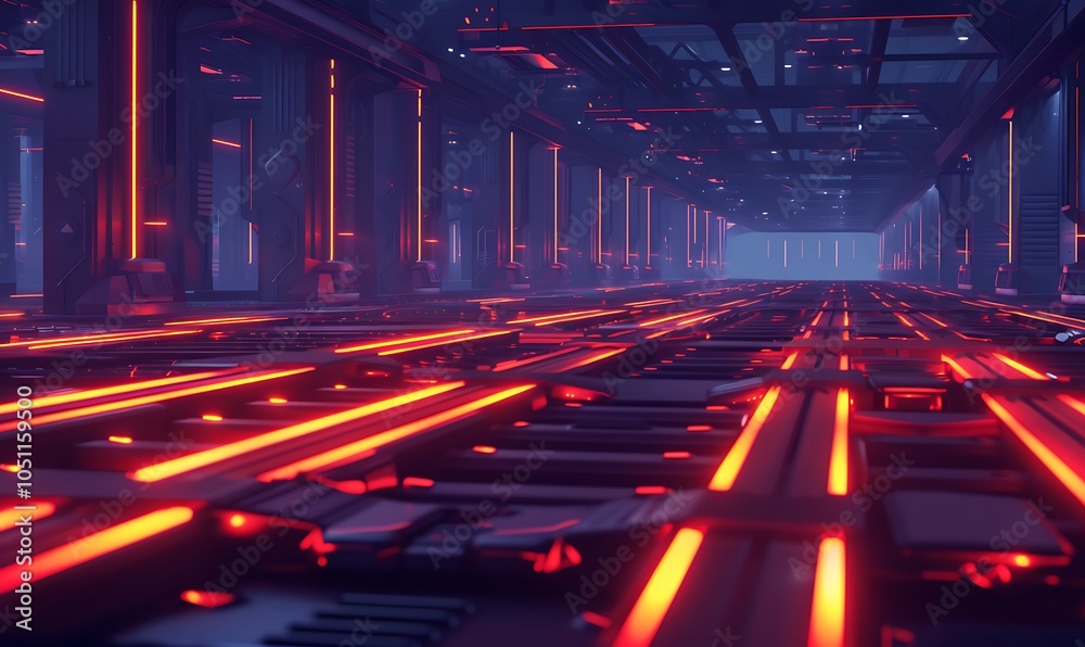 Poster futuristic manufacturing plant producing high-tech components with automated robotic systems