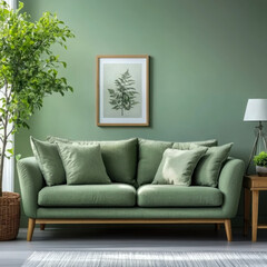 Green mint sofa against green wall with poster frame Boho style interior design of modern living room