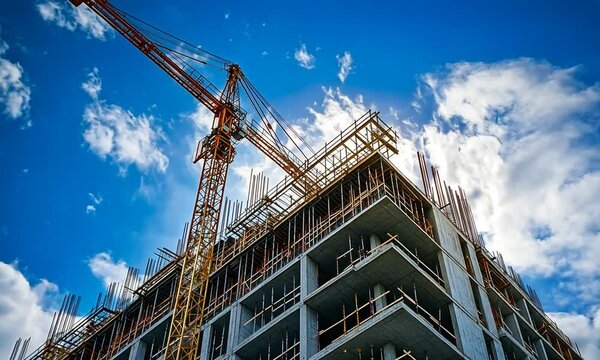 A construction site featuring a crane and a building under development against a blue sky.