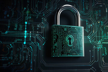 Futuristic Cybersecurity Concept Glowing Padlock and Digital Data Protection