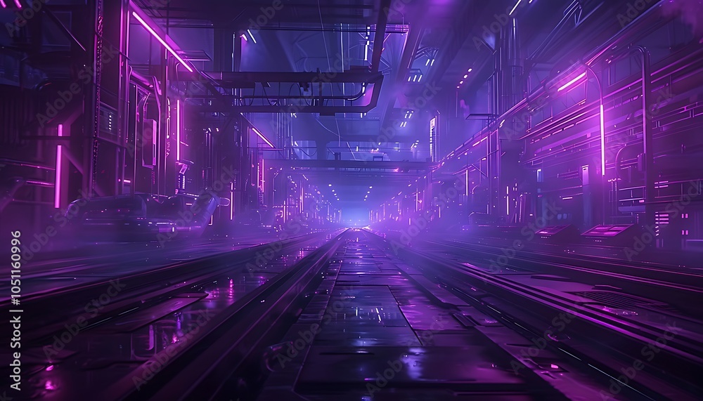 Aufkleber Cyberpunk Factory with Neon Lights and Advanced Robotics Controlling Digital Production Systems, Featuring Real-Time Holographic Data Displays