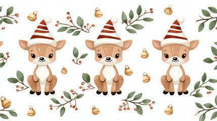 Naklejka premium Cute deer wearing striped hats surrounded by festive greenery and bells, perfect for holiday themed designs