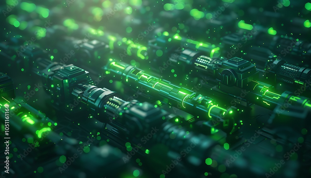 Poster Cyberpunk Factory with Neon Lights and Advanced Robotics Controlling Digital Production Systems, Featuring Real-Time Holographic Data Displays