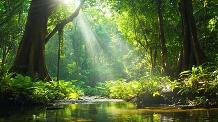 Obraz premium Sunlight streams through lush green trees in a tropical rainforest, illuminating a small creek.