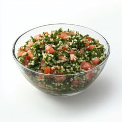 A bowl of vibrant and fresh tabbouleh salad with parsley, tomatoes, and bulgur