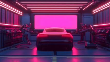 Futuristic automotive repair shop with robotic mechanics using advanced holographic tools and interfaces to service and maintain an electric car  The workspace features a high tech digital