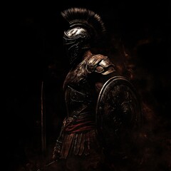 Fototapeta premium A silhouetted Spartan warrior with sword and shield in a dramatic pose.