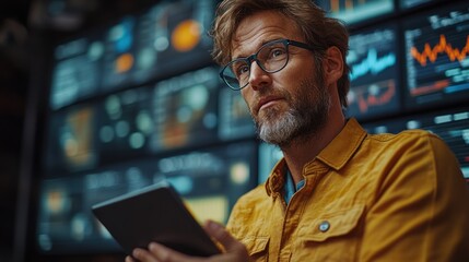 Man in Yellow Shirt with Glasses Holds Tablet in Front of Data Displays