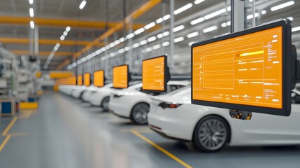 Naklejka premium Robotic arms precisely assembling components of an electric car in a highly automated futuristic factory setting with digital screens displaying live data and details