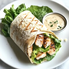A classic chicken Caesar wrap with grilled chicken, romaine lettuce, and Caesar dressing