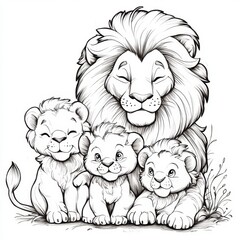 Obraz premium A lion with two cubs, drawn in black and white, sitting together.