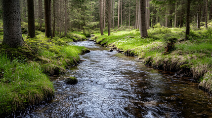 Obraz premium Stream flowing through a forest, creek, river, woodland, trees, green