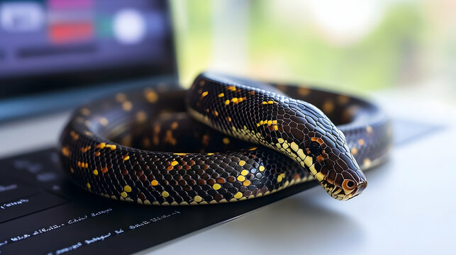 Snake on Laptop Keyboard, reptile, python, black and yellow snake, scales, close up