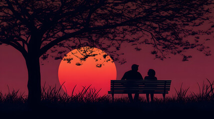 Silhouette of a Couple Sitting on a Bench at Sunset, love, romance, park, nature, tree