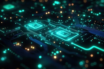 Fototapeta premium Abstract glowing blue and green circuit board with glowing lines and dots.
