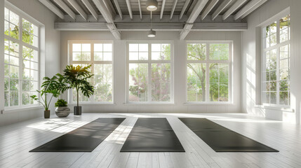 Fototapeta premium Gym white interior with black yoga mat