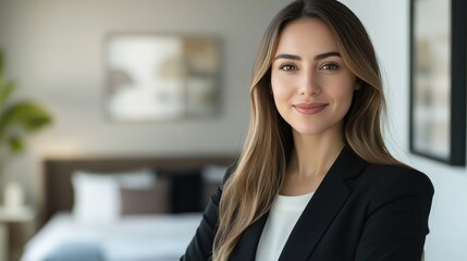 Fototapeta premium Confident Businesswoman Smiling in Modern Office Setting