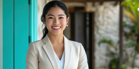 Fototapeta premium Confident Young Businesswoman Smiling in Modern Office Environment