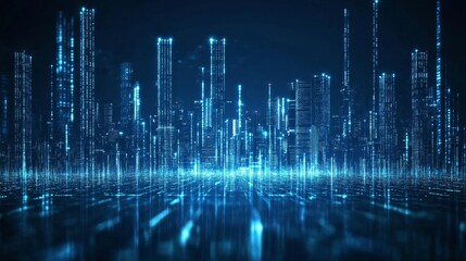 Fototapeta premium A futuristic cityscape rendered in glowing blue lines and structures, evoking a digital environment.