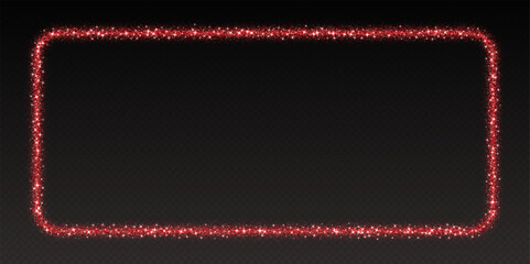 Red glitter frame, shimmering border in rectangular shape, festive holiday sparkles. Christmas decoration. Vector illustration.