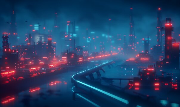 High-Tech Industrial Port With Autonomous Vehicles, Ships, and Drones Connected by AI-Driven Networks and Blue Energy Lines