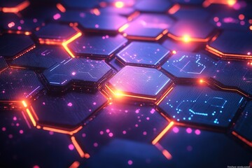 Abstract glowing hexagonal grid pattern with neon lights.
