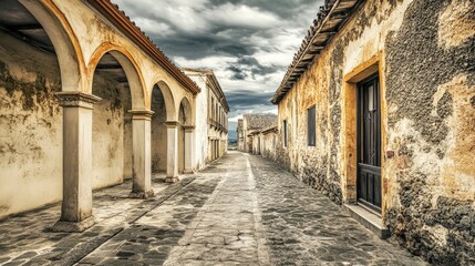 Fototapeta premium Narrow street with a few buildings and a few arched doorways
