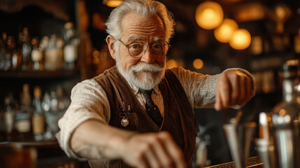 Obraz premium Elderly bartender mixing cocktails at antique wooden bar, showcasing skill and warmth in cozy atmosphere. scene captures essence of craftsmanship and tradition