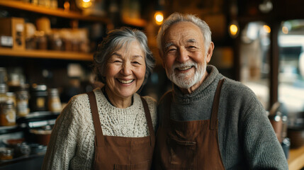 Obraz premium joyful elderly couple smiles warmly in their cozy family owned cafe, showcasing their love for each other and their passion for serving customers