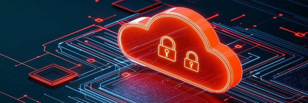Cloud storage symbol with padlocks on a digital circuit board background.