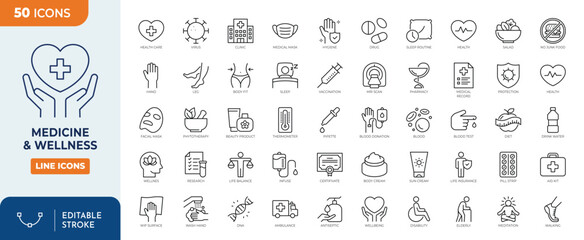 medicine & Wellness Line Editable Icons set. Editable stroke. Vector illustration