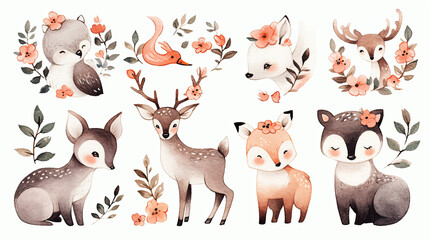 Illustrations of small animals in the forest, including deer, foxes, and rabbits